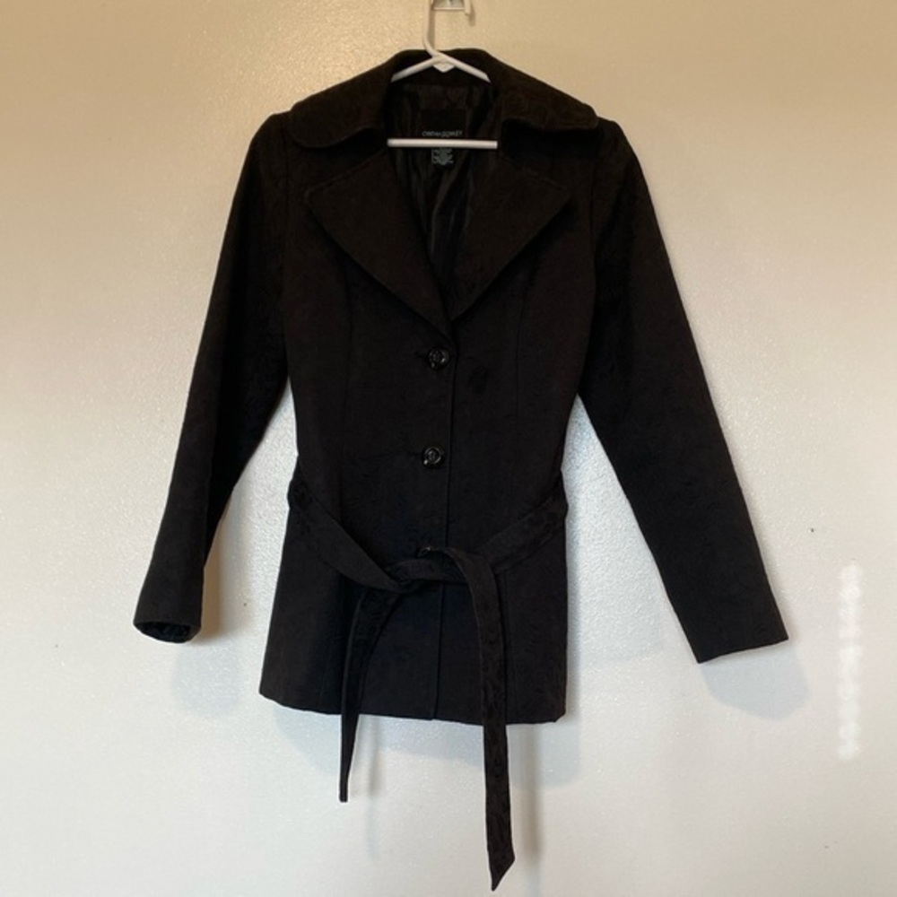 Cynthia Rowley long black cotton blend textured empire belt,pocket jacket coat m